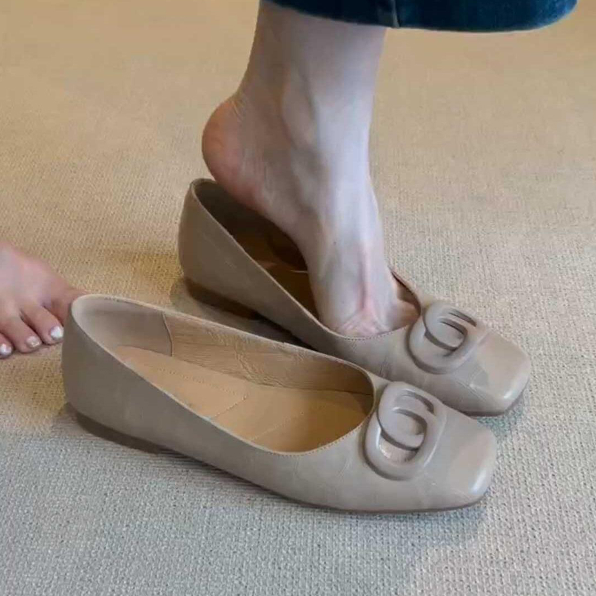 法式真皮百搭平底奶奶鞋女浅口