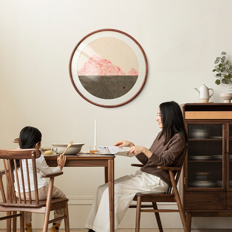 彩色山峰山水水墨圆形装饰画原木风新中式餐厅客厅卧室实木装饰画图片