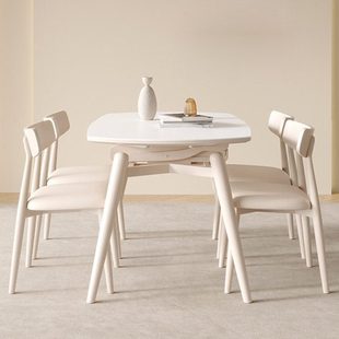 网红奶油风伸缩岩板餐桌椅组合白色全实木家用小户型可方可圆餐桌