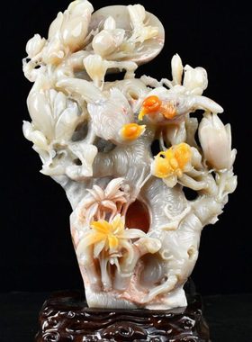 福建寿山石玉兰花摆件结晶家居客厅装饰摆设俏色巧雕花原石工艺