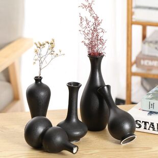 陶瓷黑色复古小花瓶花插黑陶净瓶梅瓶胆瓶葫芦简约中国风禅意摆件