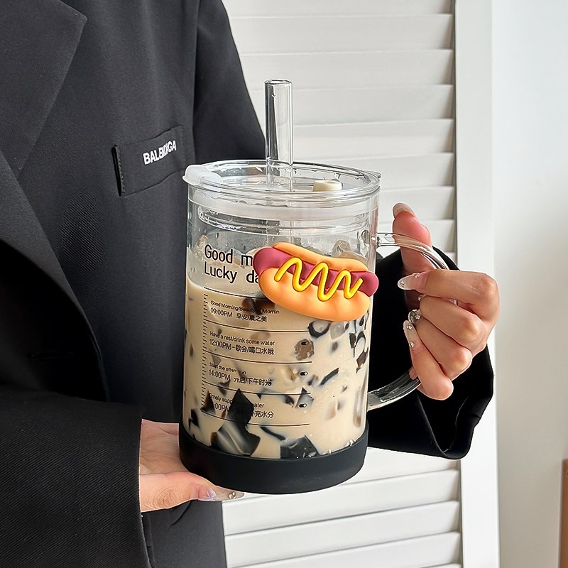 夏季大口径1000ml大容量水杯女生带盖玻璃杯办公室V吸管杯子家用