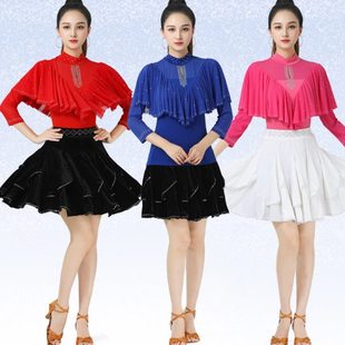 新款吉特巴舞蹈服网纱烫钻跳舞服小高领荷叶边广场舞服三步踩舞服