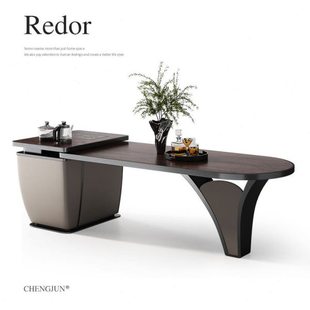 诚骏胡桃木实木岛台餐桌茶桌一体轻奢家用可伸缩新中式多功能倒台