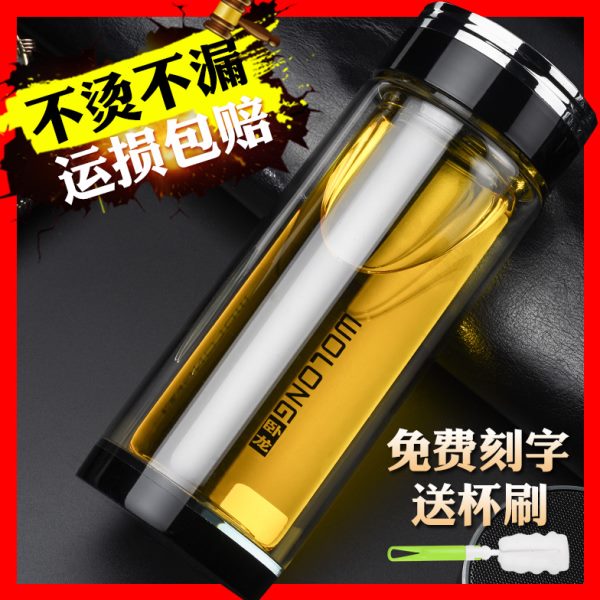 卧龙双层玻璃杯隔热男女水杯加厚透明茶杯钢化防摔有盖喝水口杯子