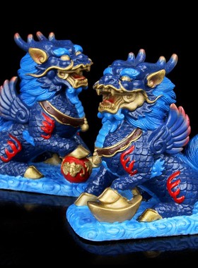 手工彩绘全黄铜麒麟摆件一对摆件元宝麒麟礼品家居饰品