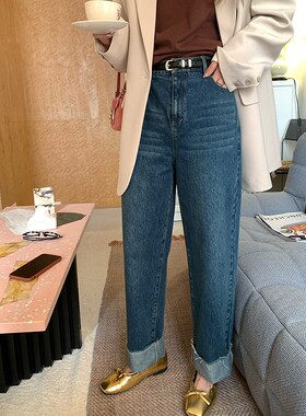 NAZ那子大码2025春季新款高腰宽松直筒卷边裤胖妹妹复古牛仔裤女