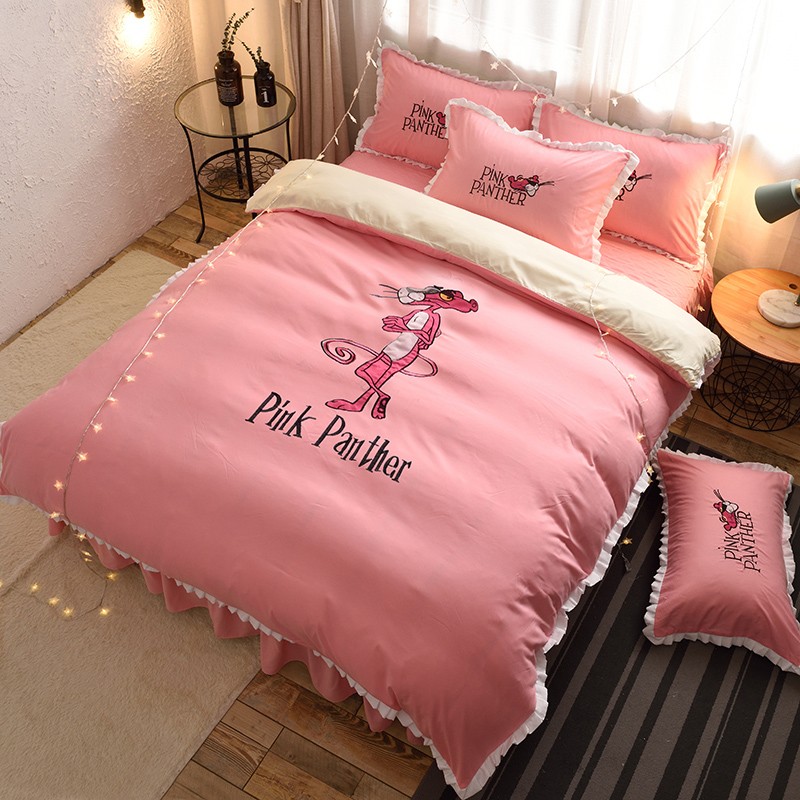 韩版公主风绣花夹棉床裙式四件卡通加厚保暖磨毛被床上用品