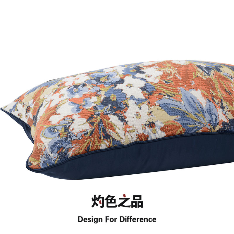 红铜蓝白花卉毛绒沙发抱枕靠垫椅子腰靠卧室床上枕长方形不含芯