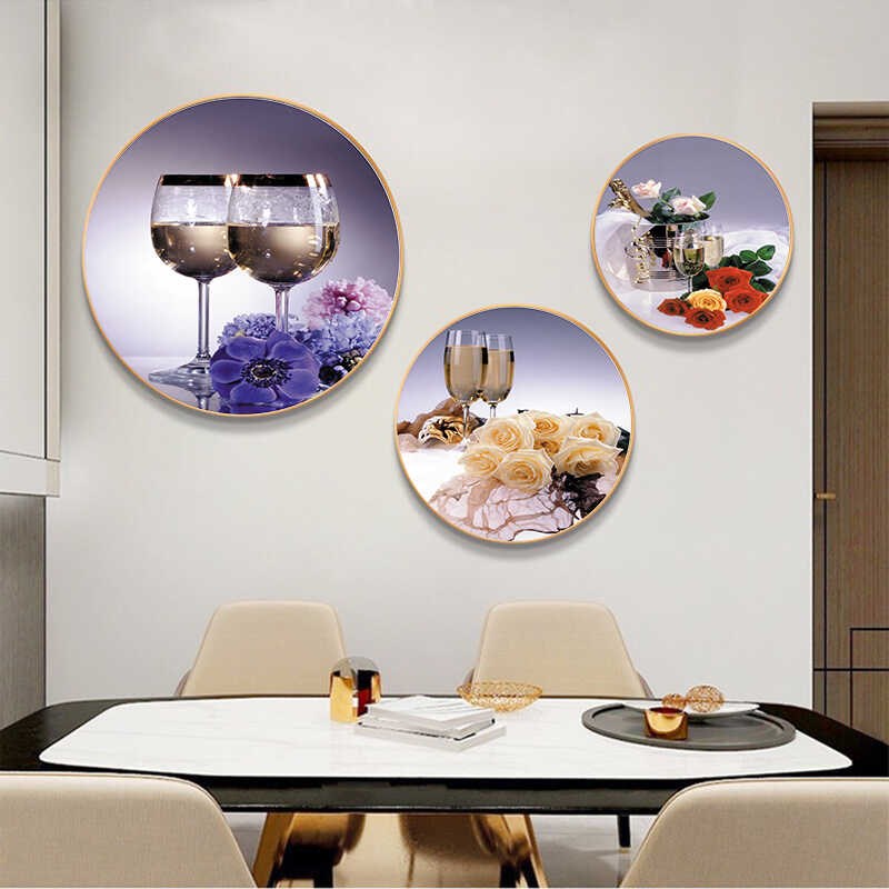 餐厅装饰画现代简约创意酒杯饭店墙画圆形三联画歺厅餐桌组合挂画图片