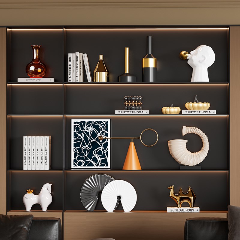 现代样板房客厅隔断柜沙发背景壁龛摆件书房博古架艺术装饰品