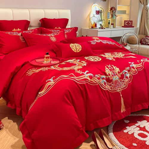 高档中式婚庆四件组全棉喜庆结婚大红色床单刺绣被新婚床上用品