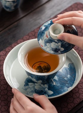 青花瓷壶承悬停三才盖碗蓄水陶瓷防烫壶托底座茶具茶承托盘