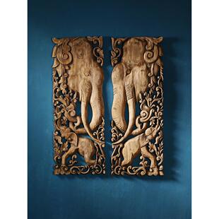 泰国木雕壁挂客厅玄关泰式装饰挂件大象实木雕刻工艺品雕花板墙饰