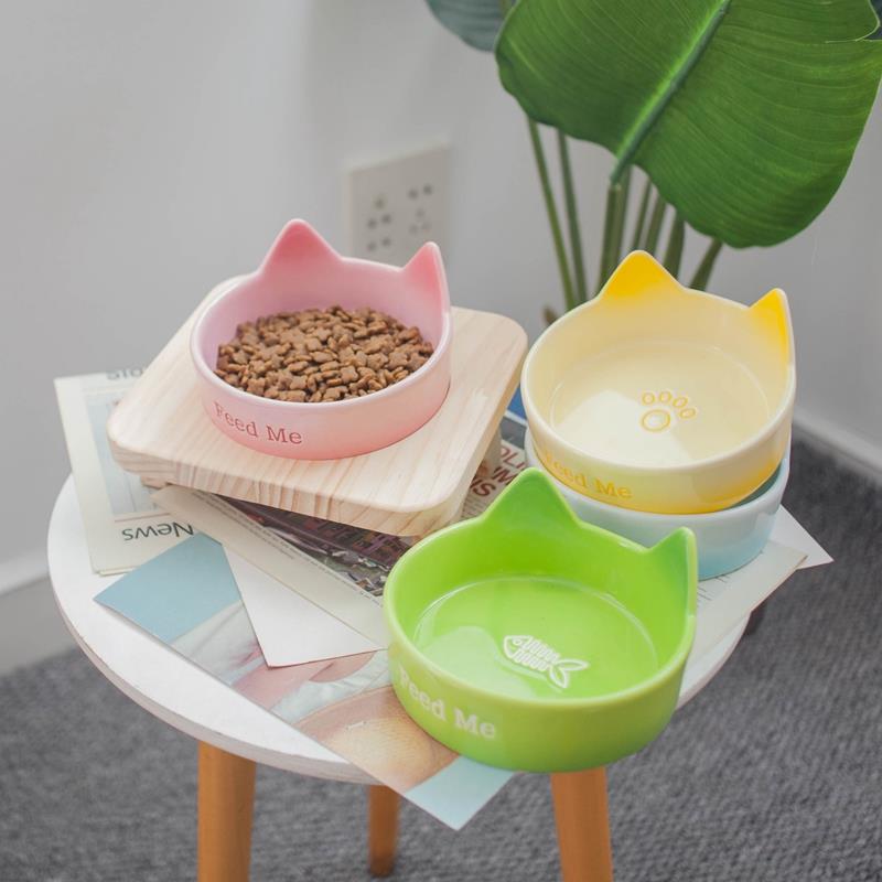 环保实木平底陶瓷猫粮碗倾角护颈大口径猫咪吃饭碗架套装猫猫喝水