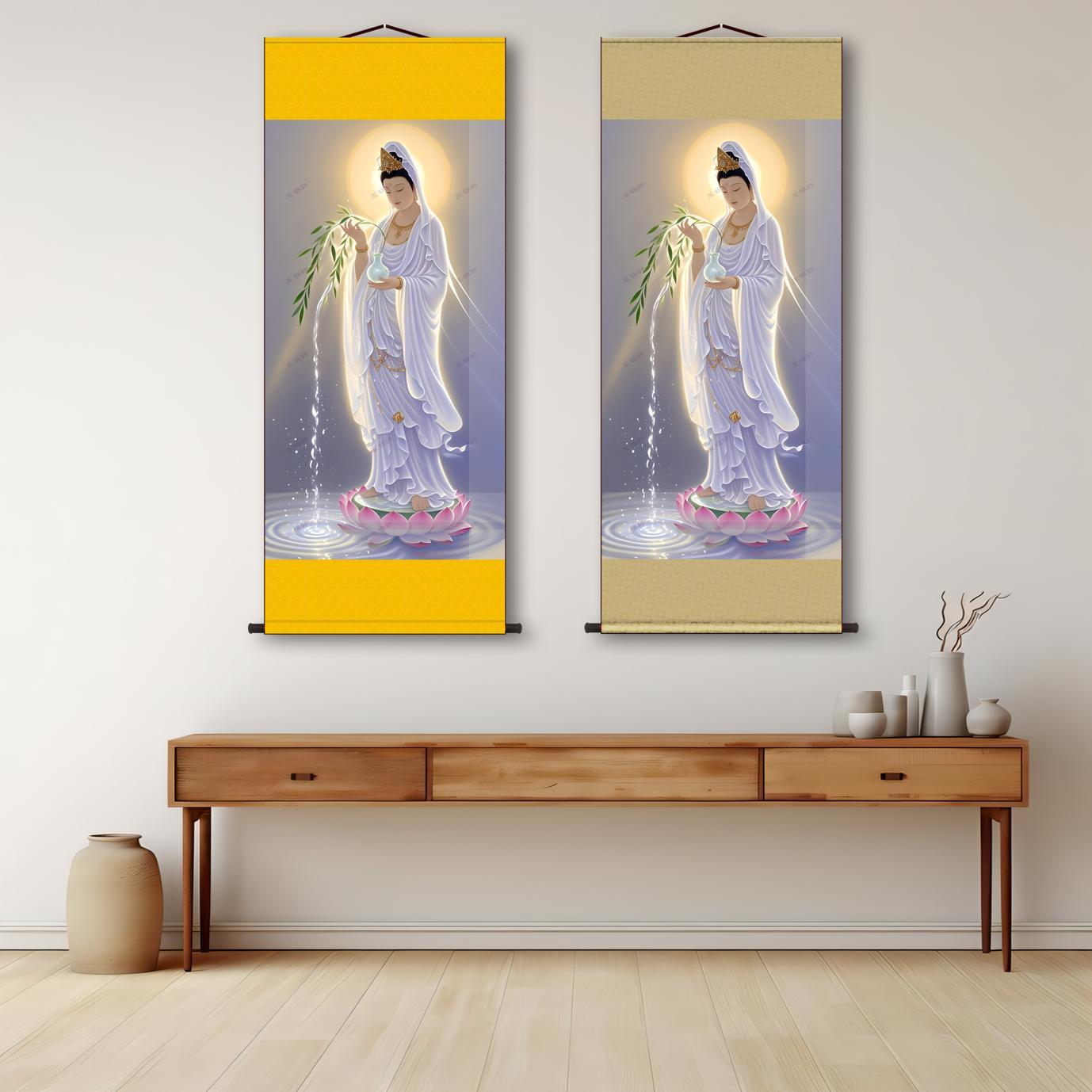 高清洒水观音菩萨画像滴水观世音家用供奉佛像画玄关装饰卷轴挂画