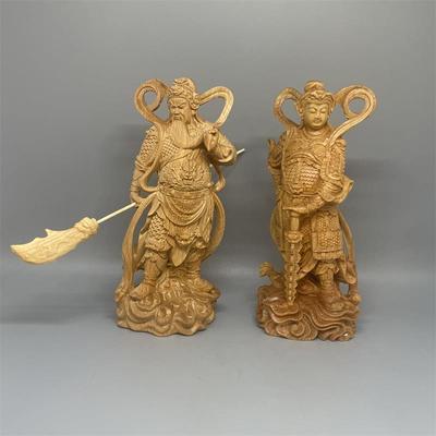 崖柏木雕珈蓝韦陀菩萨左右护法武财神关公佛像实木雕刻摆件工艺品