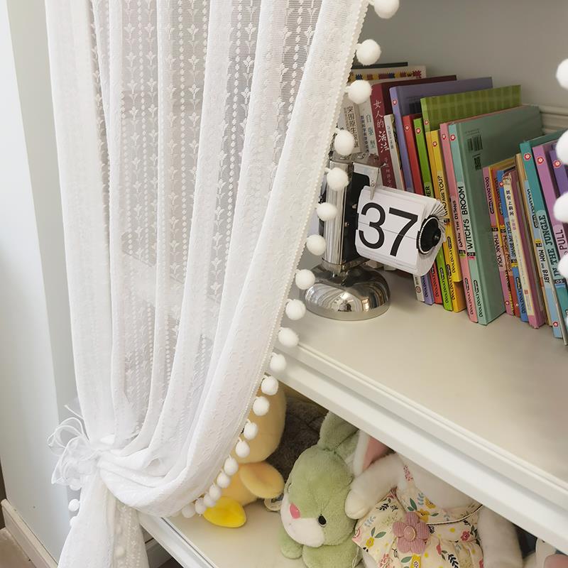 法式球球花边蕾丝褶皱纱帘半防晒书架防灰帘无门书柜遮挡帘免打孔