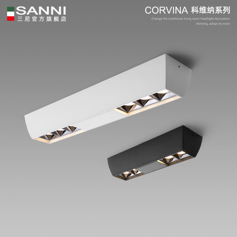 三尼 明装射灯客厅无主灯led双头吸顶式长条形卧室四头明装筒灯