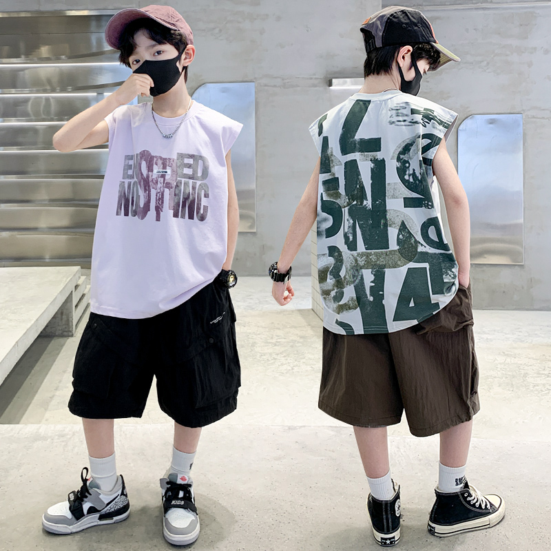 萱骁男童夏套装2025新款帅气时髦男孩宝宝无袖衣服儿童夏装背心潮