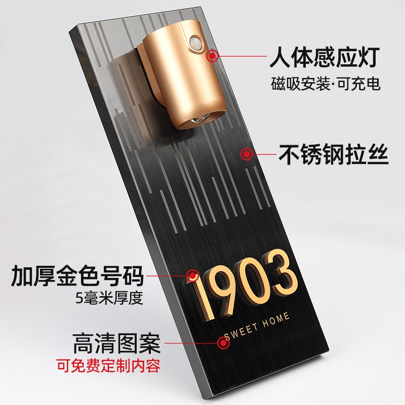 入户门牌号高级感轻奢创意家用感应灯发光不锈钢标识牌定制家庭别