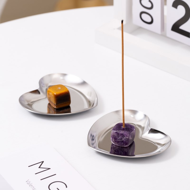 Epeiushome北欧香插香薰托盘心形不锈钢天然原石香托桌面收纳盘子