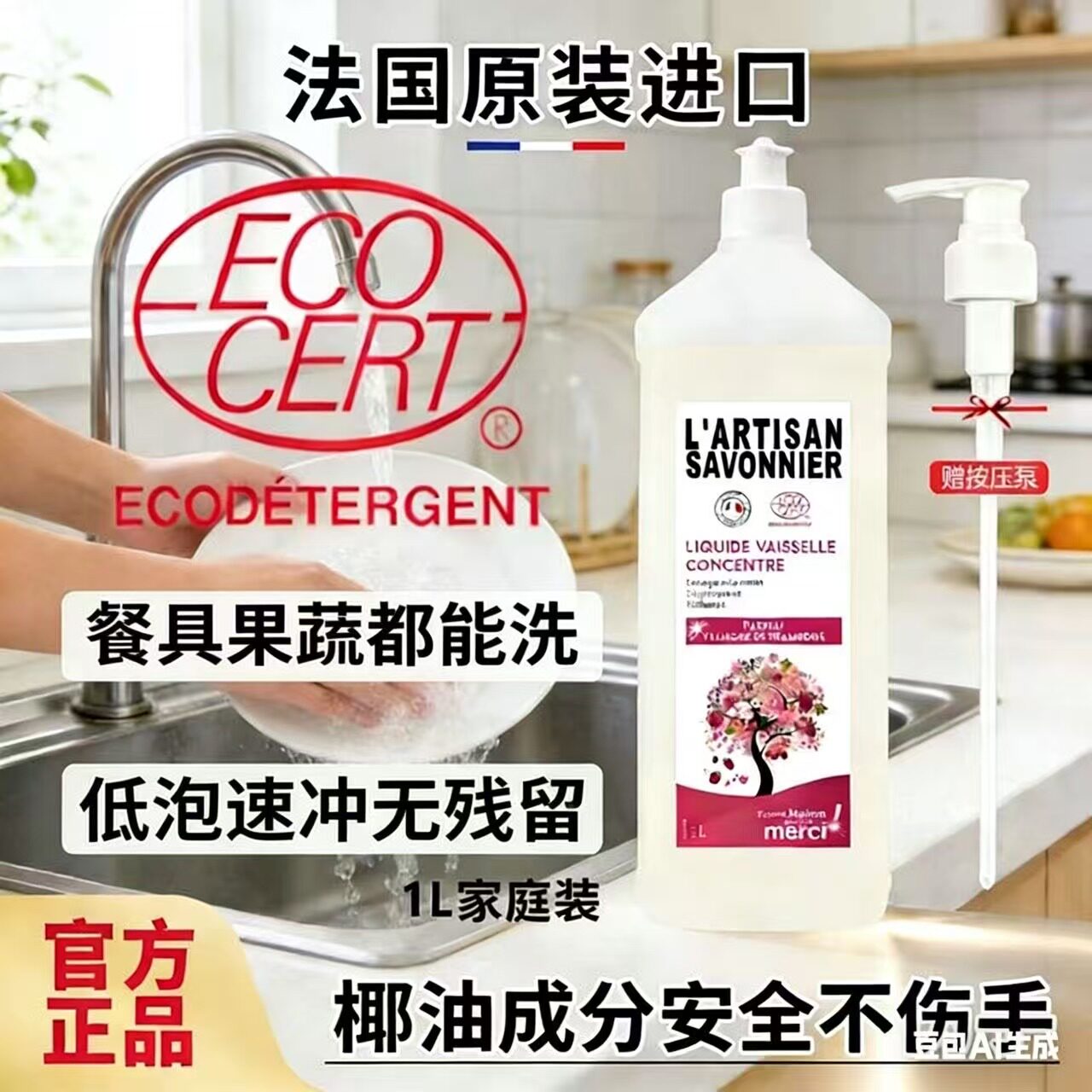 法国进口砾石实验室食品级洗洁精A类奶瓶餐具果蔬APG不伤手浓缩