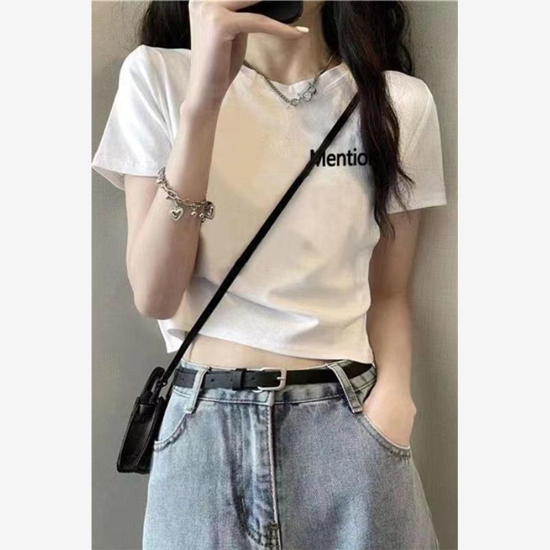 黑色纯棉短款T恤短袖女2025新款夏季美式正肩露脐甜辣休闲上衣潮