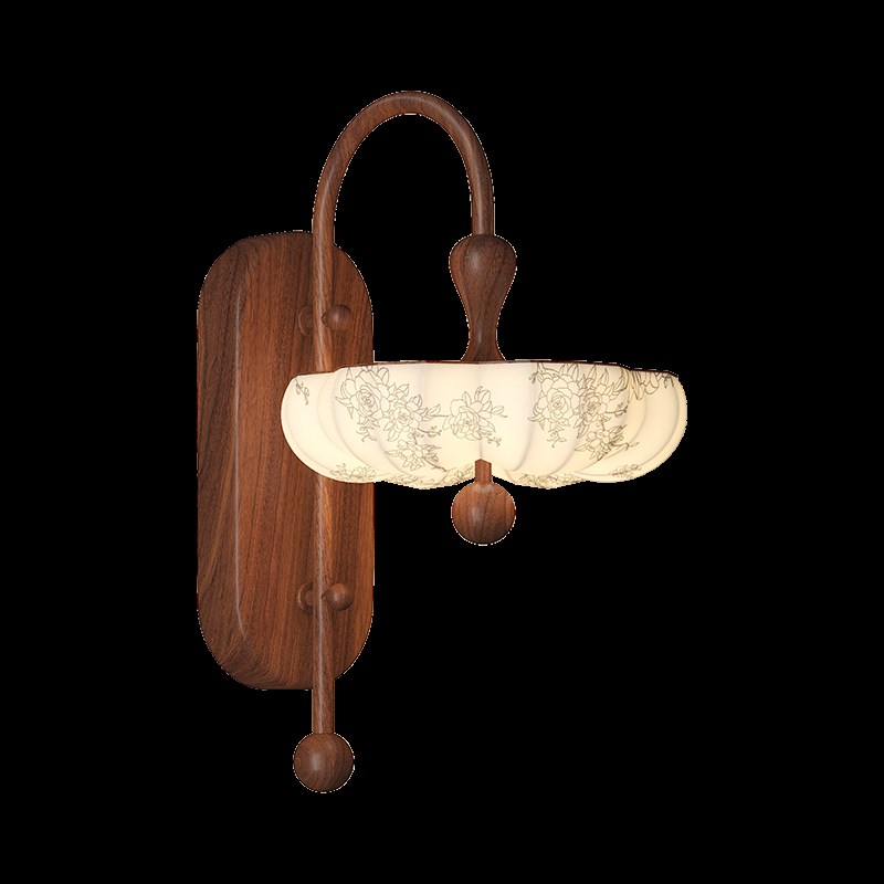 中古风壁灯卧室床头灯复古胡桃木色布艺印花民宿客厅走廊过道小灯