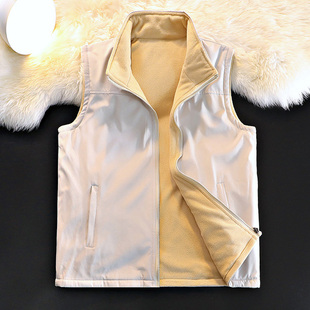 双面穿立领马甲男款秋冬季加绒加厚摇粒绒卡其色大码坎肩背心外套