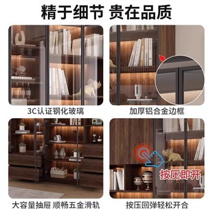 复古书柜带玻璃门家用一墙到顶储物柜 酒柜客厅靠墙展示柜2025新款