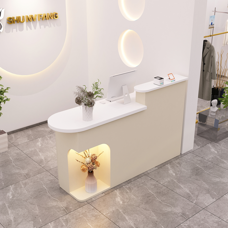 奶油风服装店收银台圆弧吧台小型带灯吧台桌美容院接待前台桌包邮