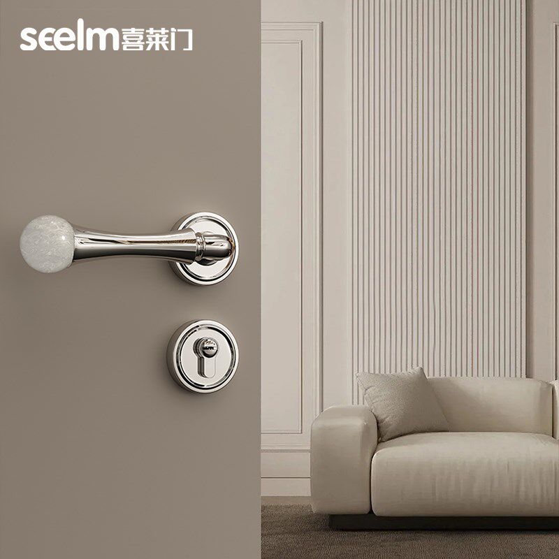 喜莱门玉石水晶球门锁中古亮银门把手卧室法式静音磁吸家用木门锁