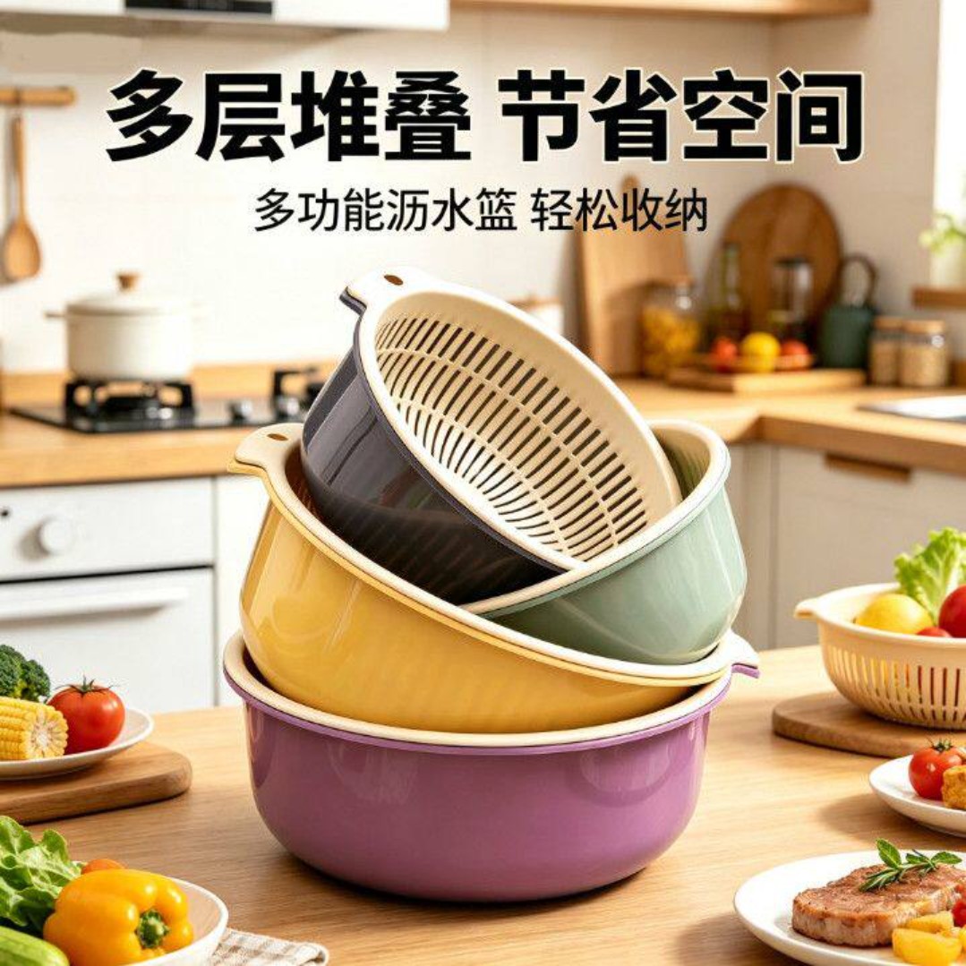 厨房家用双层圆形沥水洗菜篮