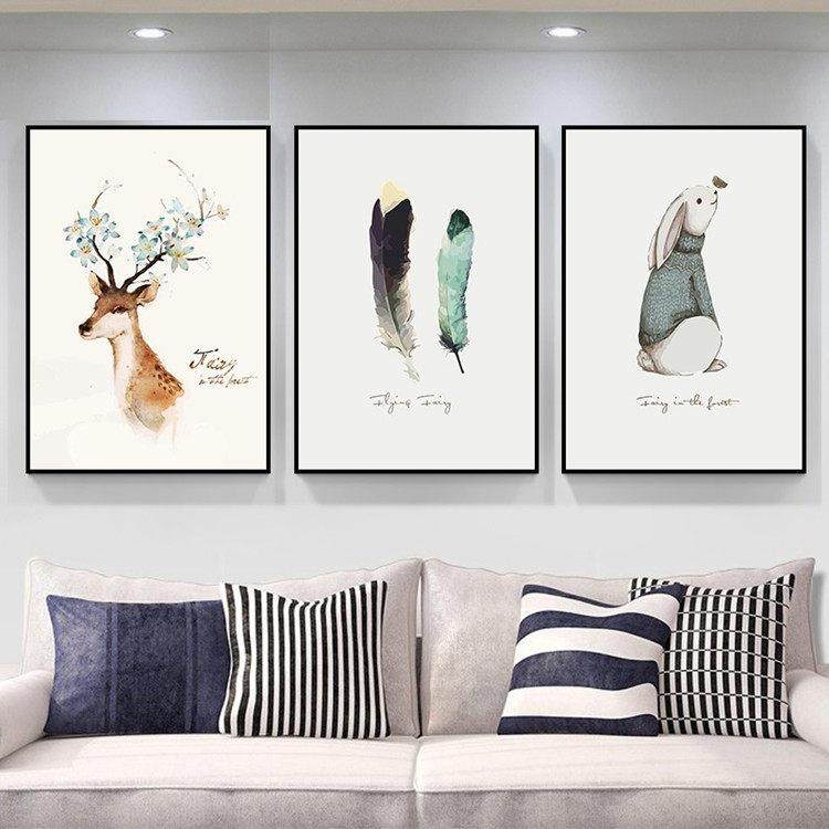 客厅装饰画北欧风格沙发背景墙挂画墙画现代简约壁画三联画麋鹿画,家居饰品,现代装饰画,淘宝优惠券,粉丝福利购,淘宝优惠卷