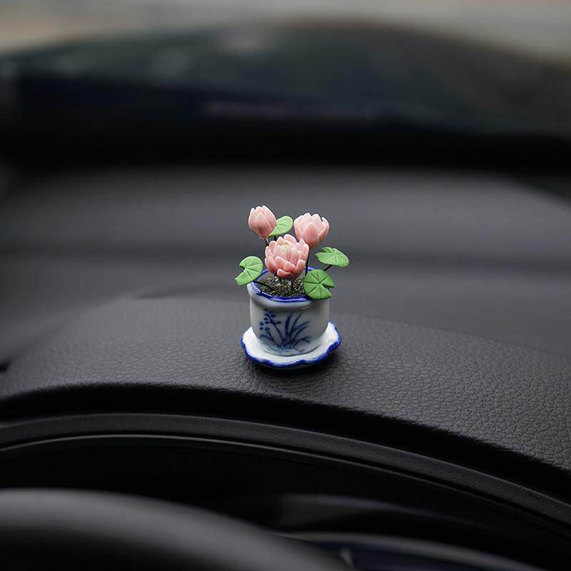 荷塘月色迷你汽车小摆件手工陶土花瓶荷花创意车载车内装饰品创意