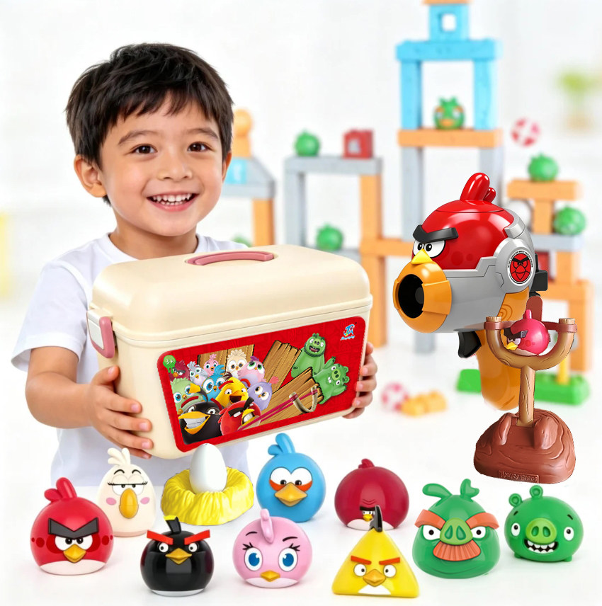 荣达丰愤怒小鸟的玩具收纳桶积木拼装弹弓弹射枪打靶正版摆件公仔