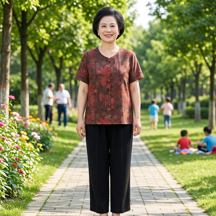 妈妈装夏季花卉印花减龄两件套