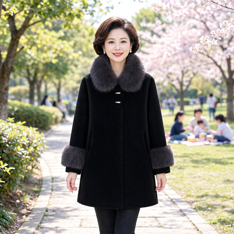 秋冬款毛领高端气质翻领中老年女装妈妈装中长款加棉加厚毛呢外套