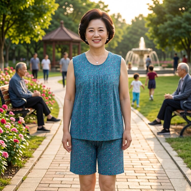夏季减龄无袖碎花妈妈装两件套