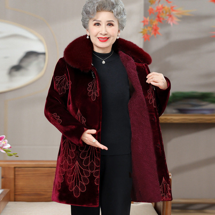 中老年女装冬季加绒加厚保暖棉衣妈妈装毛领刺绣拉链长款大衣外套
