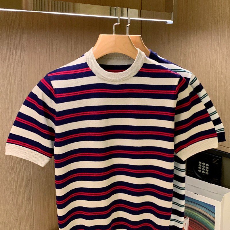 夏季新款休闲男装针织衫圆领上衣海魂衫男 时尚拼色条纹短袖t恤男