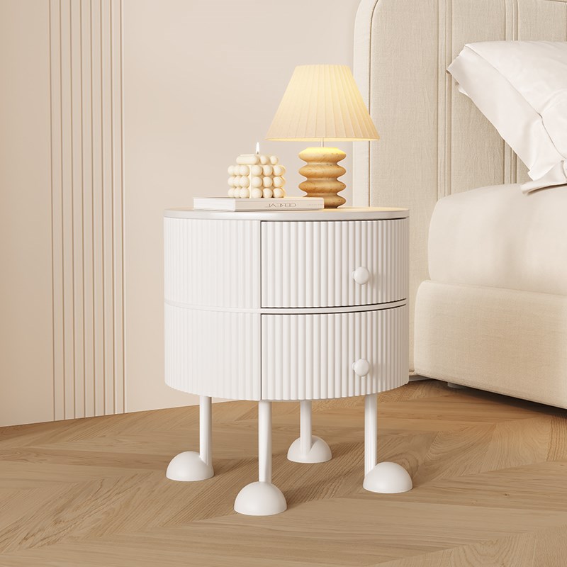YANASO法式奶油风创意主卧圆形实木床头柜家用卧室小型极简床边柜