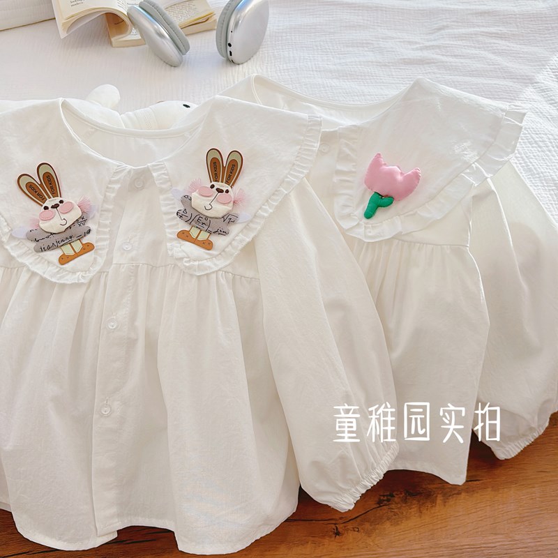 女童衬衫春秋季新款长袖娃娃领荷叶边立体花朵立体郁金香百搭衬衣