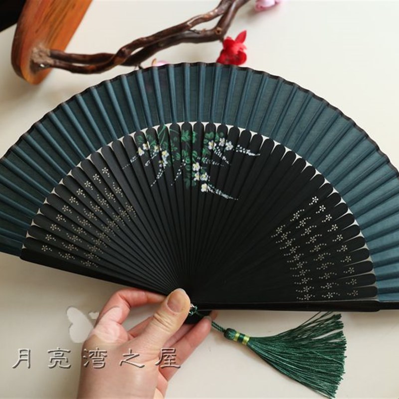 精品女扇6寸折扇走秀旗袍扇手绘扇竹柄折扇子夏天日用扇墨绿色
