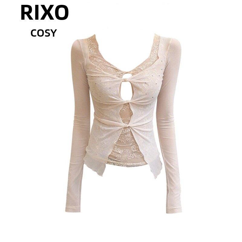 RIXO COSY蕾丝镂空V领烫钻扭结上衣女春季修身显瘦假两件打底衫潮