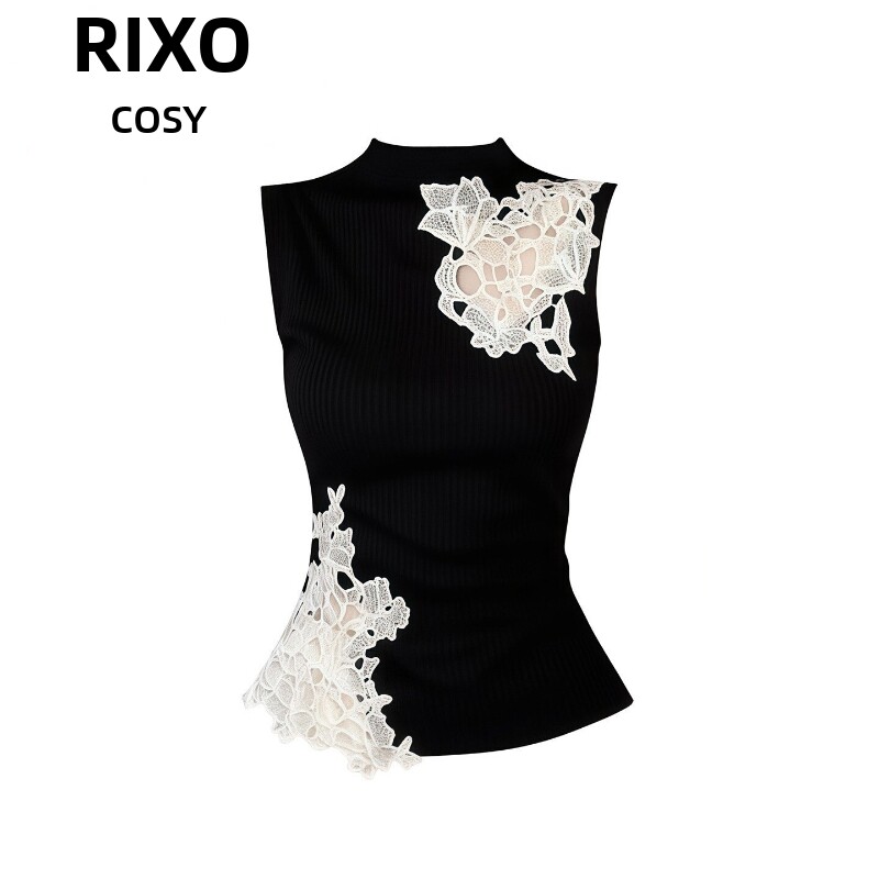 RIXO COSY新中式黑色蕾丝拼接无袖背心女夏修身显瘦镂空内搭上衣