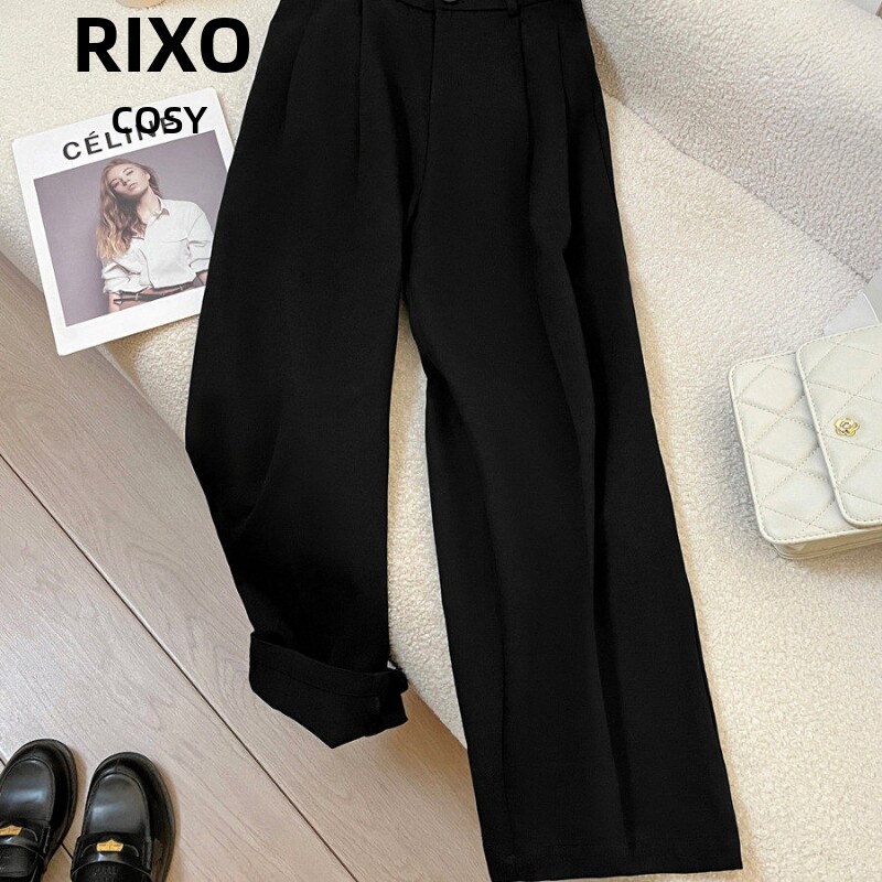 RIXO COSY黑色松紧腰休闲西装裤女春秋时尚减龄潮流通勤阔腿裤子