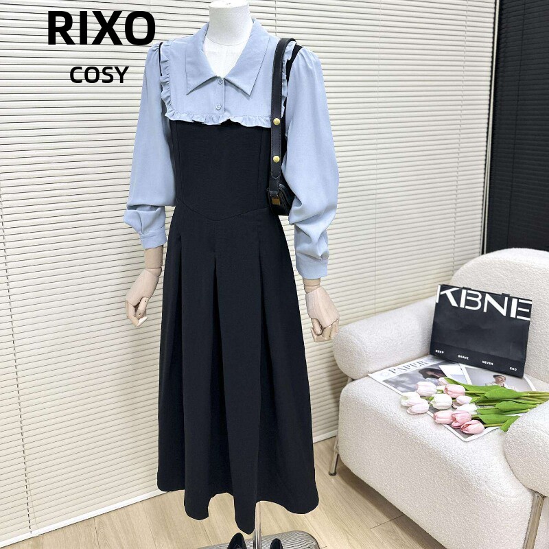 RIXO COSY法式甜美衬衣拼接连衣裙女春学院风减龄假两件显瘦裙子