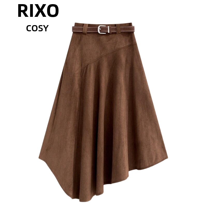 RIXO COSY不规则半身裙女2026高腰a字伞裙美拉德穿搭麂皮绒中长裙
